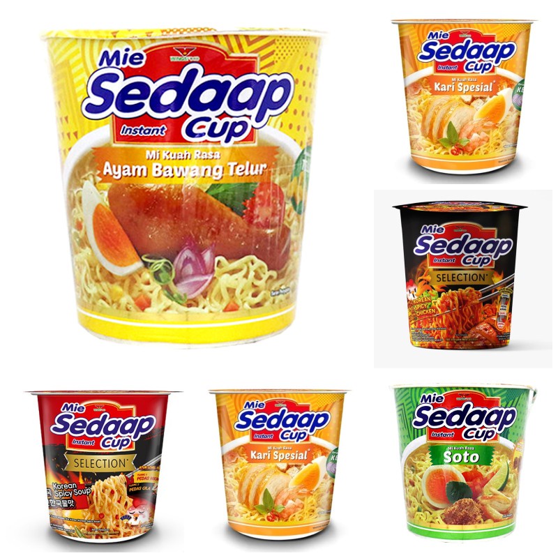 

Mie Sedaap Cup Kuah (Ayam Jerit@75g, mie goreng@85g, Soto@81g, Korean Spicy Chiken@81g) Sedap