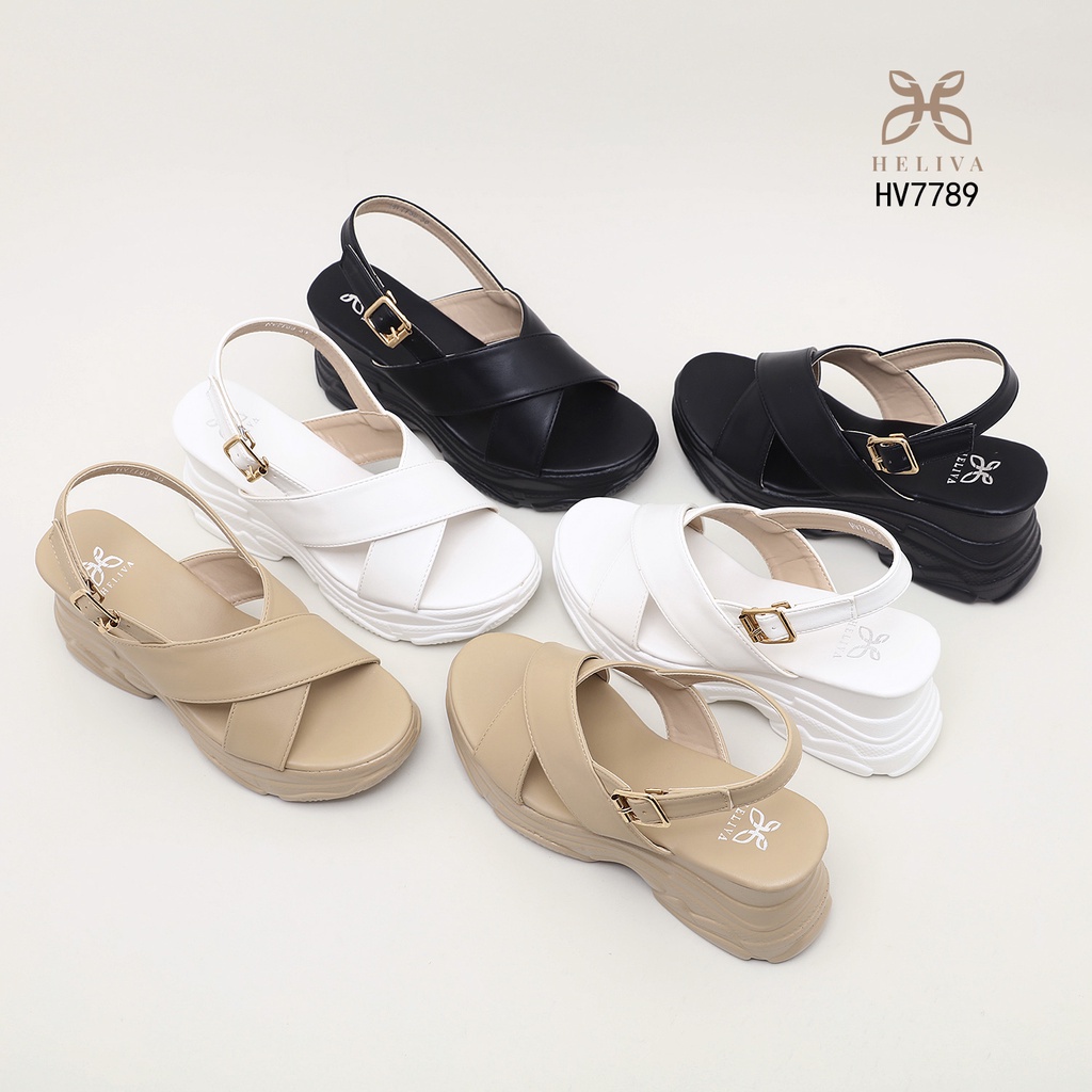 HELIVA KELLY Sepatu Wedges Sol 8cm Tinggi Sling Back Cross Straps Bahan Kulit HV7789 Original Brand