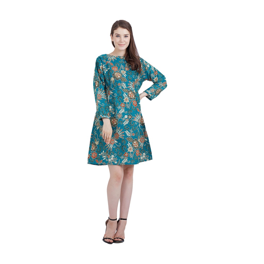 Dress Batik motif bunga lengan panjang, sackderes midi
