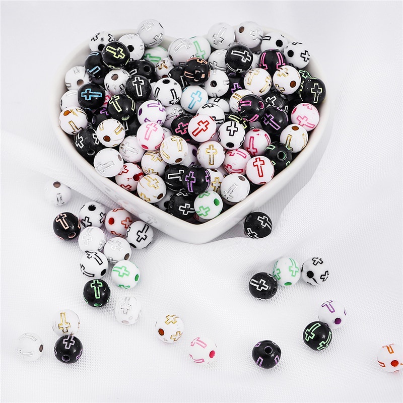 100Pcs/Lot 8mm Plastic Acrylic Round Carved Cross Beads Color Pattern Round Ball Beads for Bracelet Necklace DIY Jewelry Making