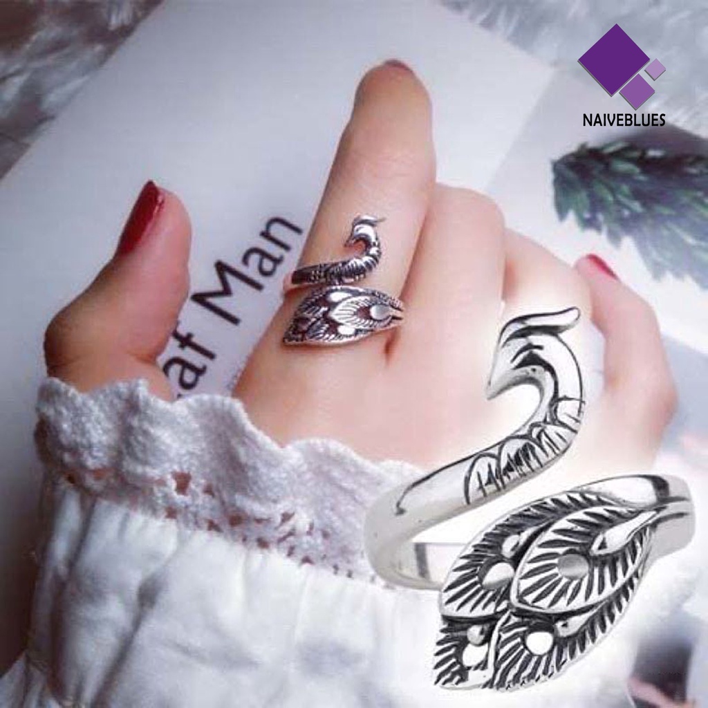 Cincin Model Terbuka Adjustable Desain Merak Warna Silver Gaya Retro