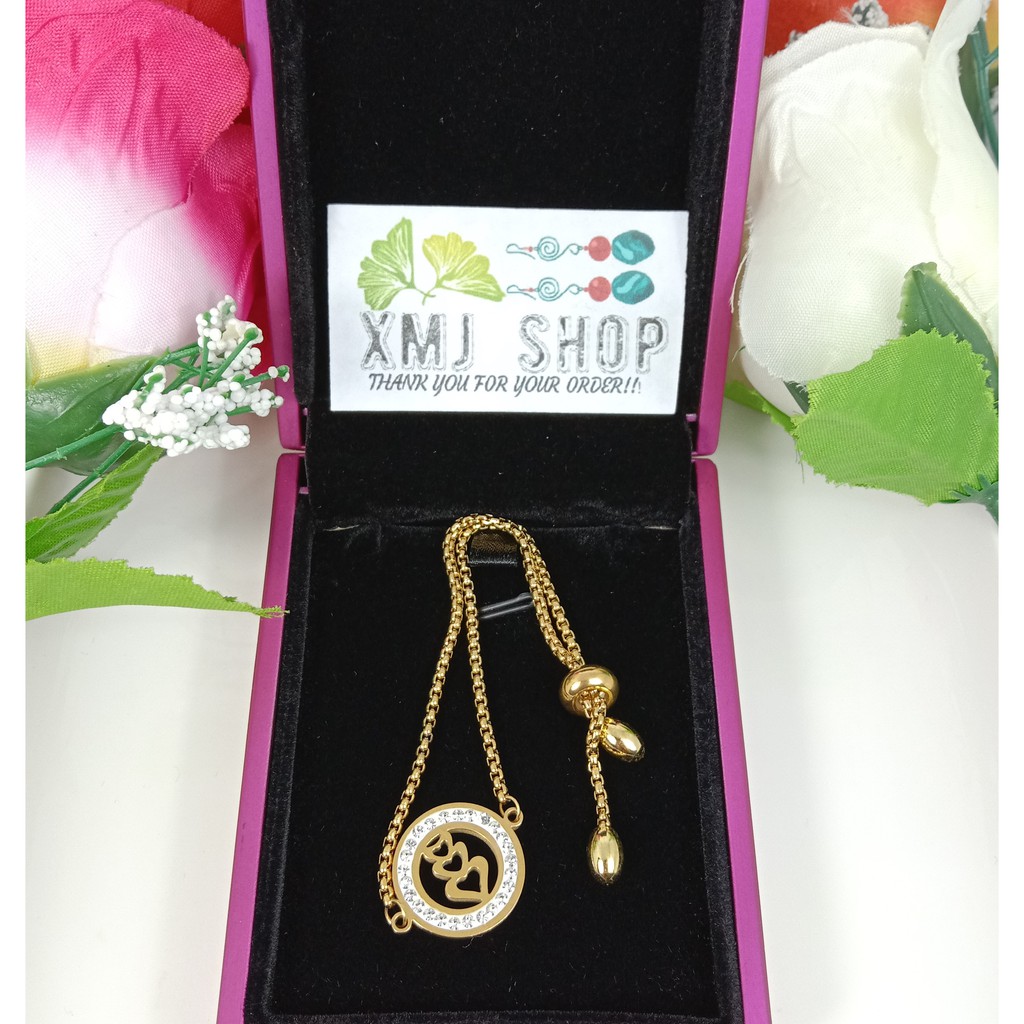 GELANG SERUT WANITA TITANIUM 100% ASLI ANTI KARAT MODEL LOVE TUMPUK LINGKAR PERMATA BRANDED MEWAH