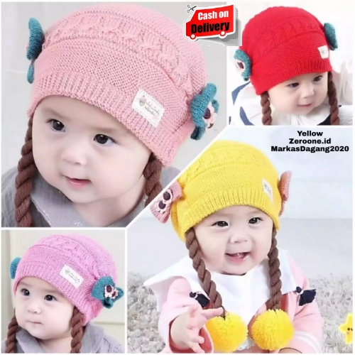 Kupluk Pompom Polos Kepang Bayi / Anak Usia 6 Bulan - 3 Tahun Bahan Rajut