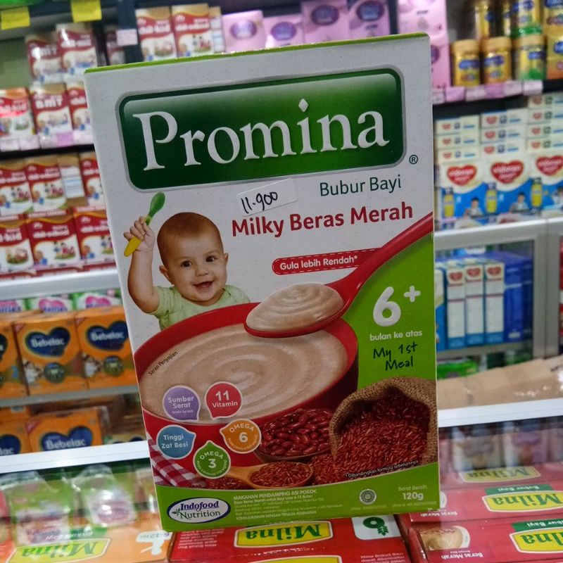 PROMINA BUBUR BAYI 6+ 120G PISANG SUSU,SMOOTH KACANG HIJAU,MILKY BERAS MERAH,STEAMED CHICKEN MUSHROOM, BEEF STEW WITH CARROT, CHEEZY CHICKEN BROCCOLI