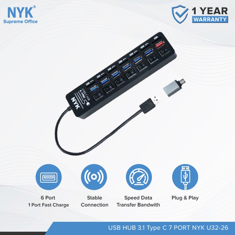 USB HUB NYK 7 PORT USB 3.1 With Type C Portable Fast Charging U3226