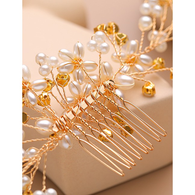 LRC Aksesoris Rambut Fashion Gold Pearl-studded Hair Comb F77666