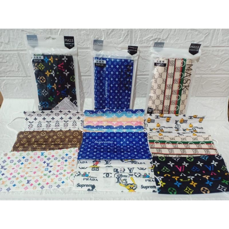 Masker Disposable Branded 3 Ply isi 10 Pcs bermotif Branded Disposable Mask
