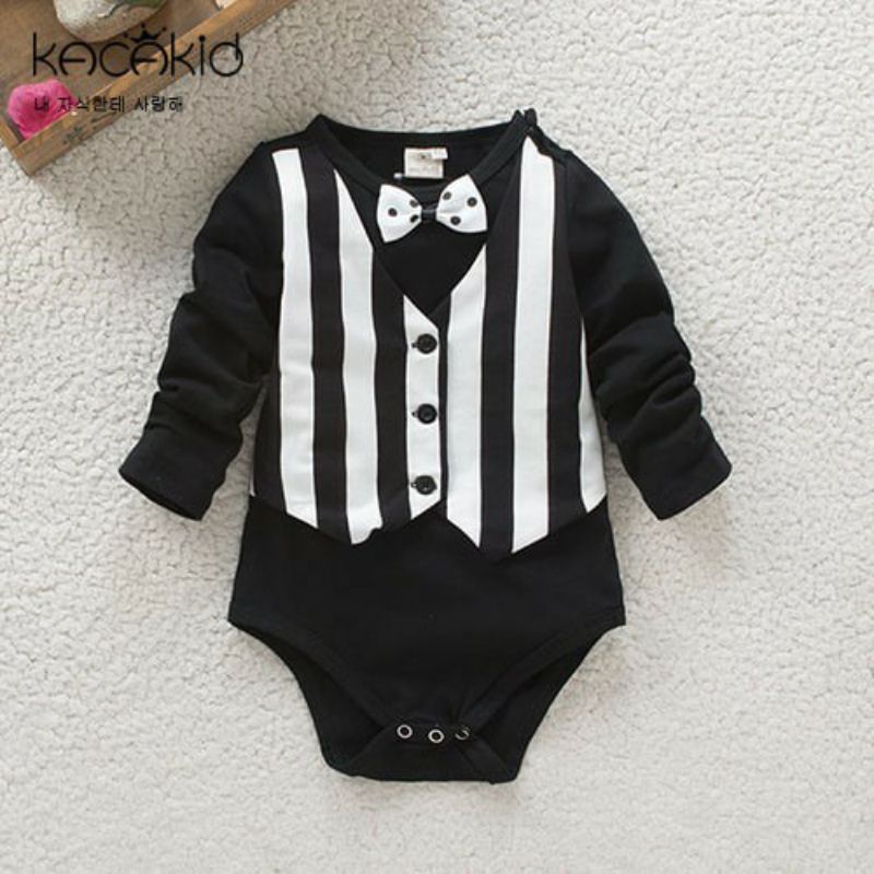 [NMV] BODYSUIT JUMPER BAYI UNIK STRIPE UNISEX HITAM PUTIH DASI JAS