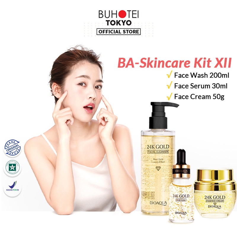 BUHOTEI Bioaqua 24K Gold Skin Care BPOM Skincare Paket Lengkap Whitening dan Brightening Essence Cream Skin Barrier & Gentle Cleanser & Exfoliating Toner & Hydrating Serum Skincare Untuk Kulit Berminyak Acnes Menghilangkan Bekas Jerawat Oil Control-BA-Skincare Kit XII