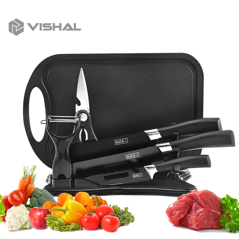 VISHAL Pisau Dapur 1 Set Tajam Hitam Knife Set Pisau Dapur isi 7Pcs Dengan Talenan VS-21