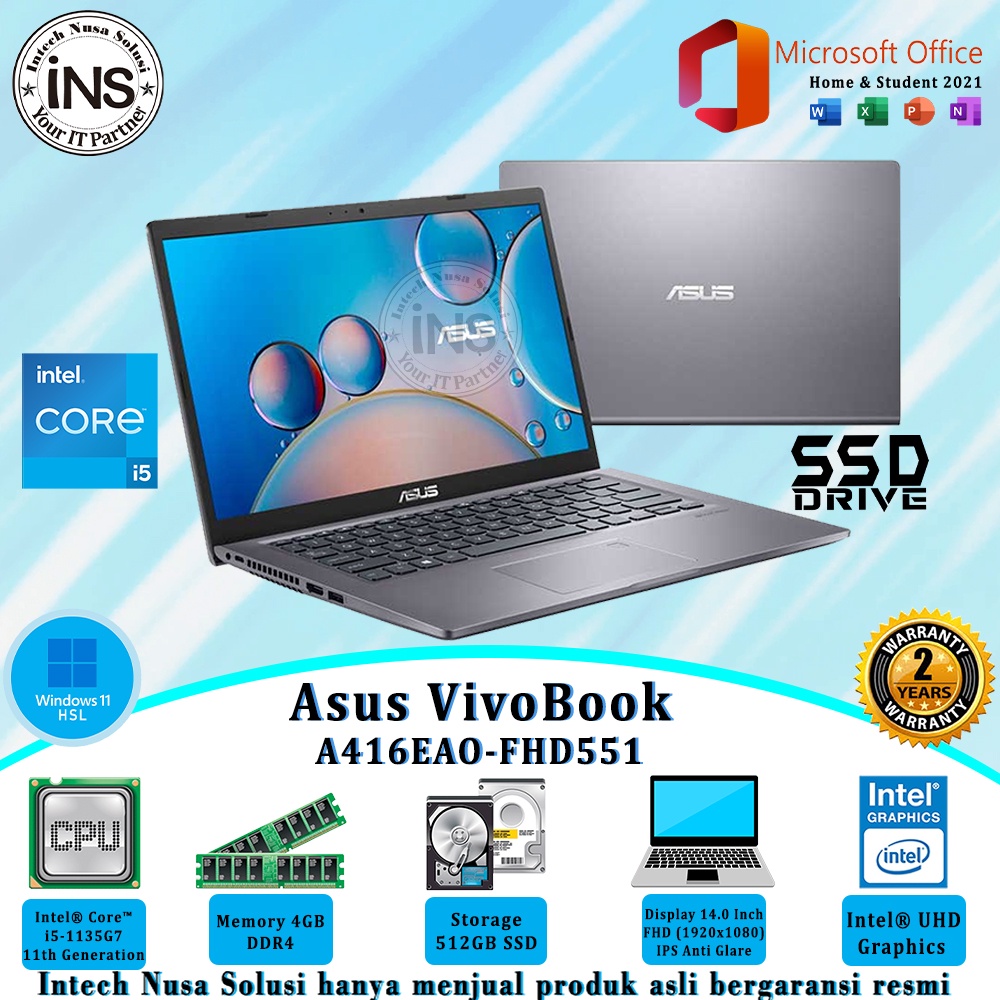 ASUS VivoBook A416EAO-FHD551 i5-1135G7 4GB 512GB SSD WIN11HSL OHS 21 2YR