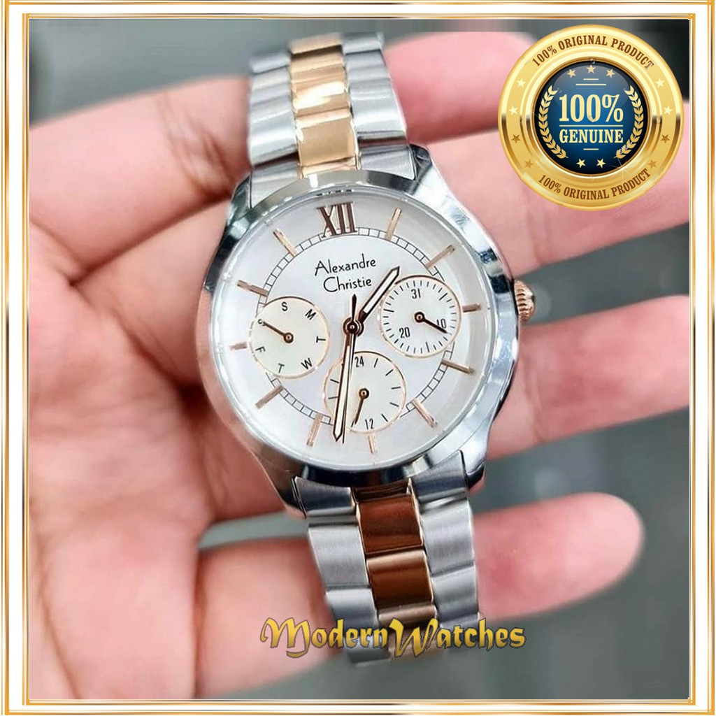 Jam Tangan Ori Alexandre Christie Wanita AC 2815 Silver Rosegold Sport Chrono Rantai Alexander Cewek