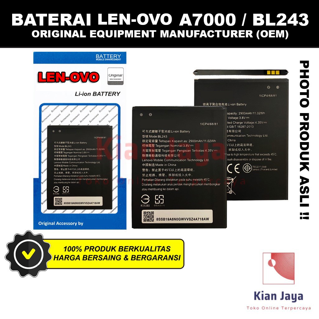 Baterai Hp A7000 / BL243 Original OEM Batre Batrai Battery Hp Ori LEN OVO