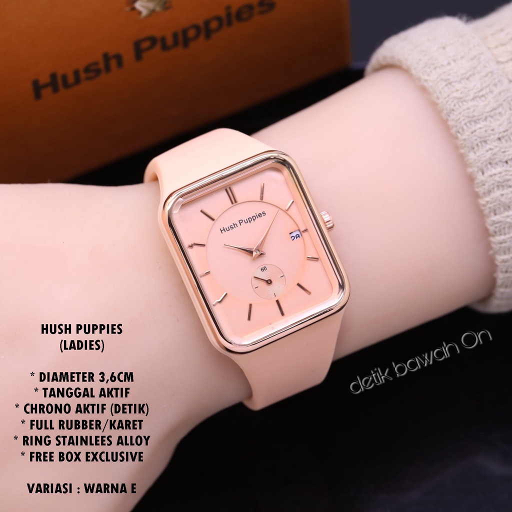 JAM TANGAN WANITA HUSH PUPPIES TALI RUBBER BODY SEGI  TANGGAL &amp; CHRONO AKTIF