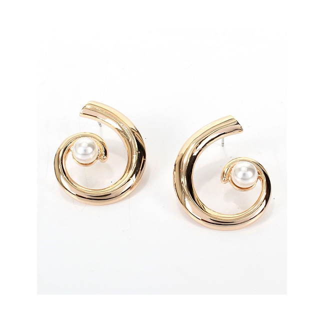 LRC Anting Tusuk Fashion Golden Pearl-like Semi-circular Cutout Earrings K04180