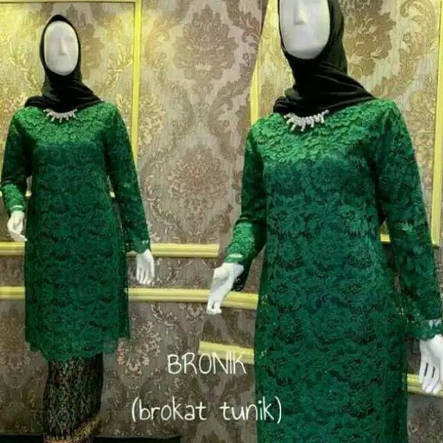 Setelan Kebaya Brukat Bronik Hijau Botol Mix Plisket / Kebaya Modern