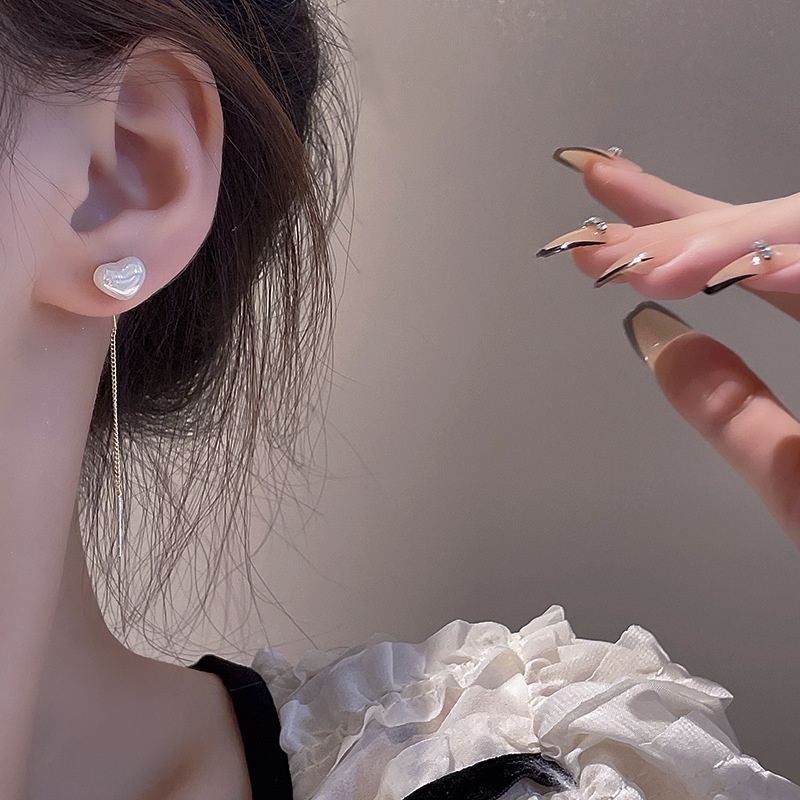 Anting Gantung Panjang Model Hati Dengan Mutiara Untuk Wanita