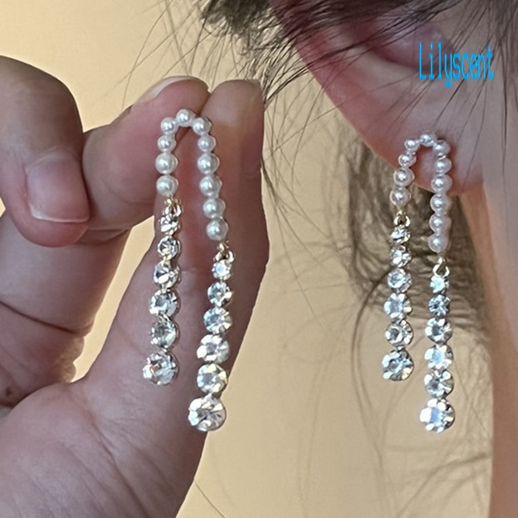 Ls 1 Pasang Anting Gantung Panjang Tusuk Gaya Perancis Aksen Mutiara Imitasi + Cubic Zirconia Untuk Wanita