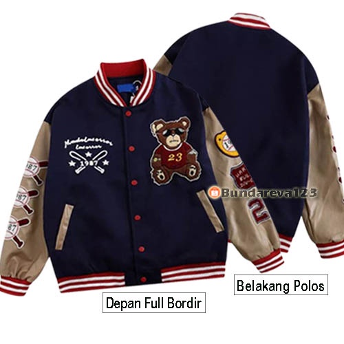 Jaket Varsity Full Bordir / Jaket Baseball Fasity Vintage Bear Beruang Lucu Pria Wanita