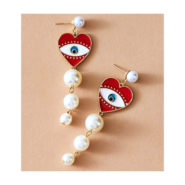 LRC Anting Tusuk Fashion Loving Eyes Asymmetric Circle Eye Wings Micro-inlaid Zircon Pearl p51321