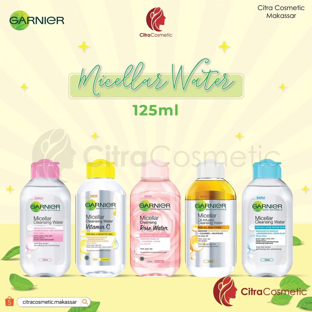 Garnier Clean Micellar Water Water Pink | Blue Biru | Bi-phase Oil | Vit C Kuning | Rose Water 125 Ml