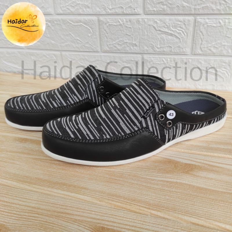 Selop Bustong Pria Kulit Rajut Sintetis Slip On Kasual Cowok Sol Karet Lentur Original Premium