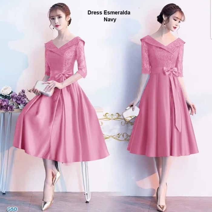 DRESS ESMERALDA PARTY DRESS BRUKAT PINK GAUN PESTA MIDI DRESS(Y0B9) casual dress santai DAILY DRESS 