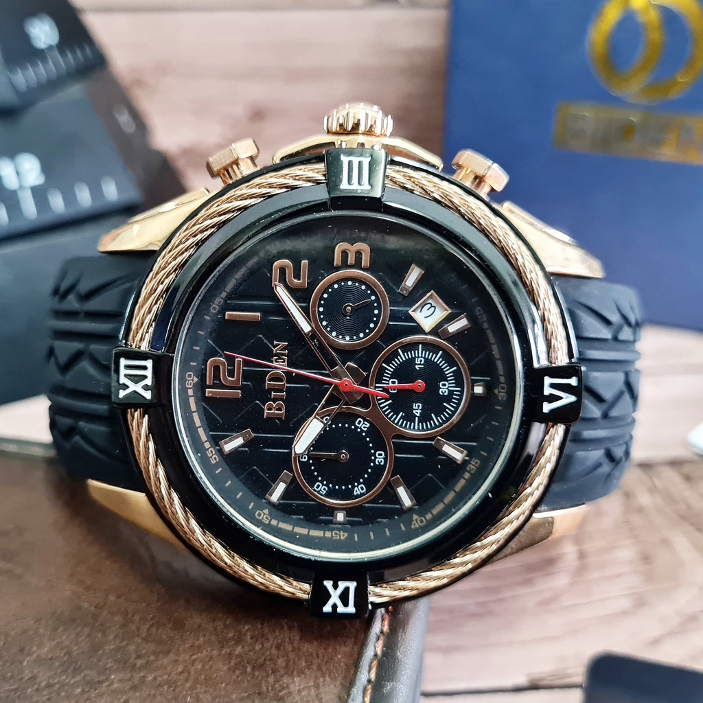 (COD) Jam Tangan Pria Original Ori BIDEN Aerial Black Hitam Tali Rubber Karet Ori Cowok Casual Kasua