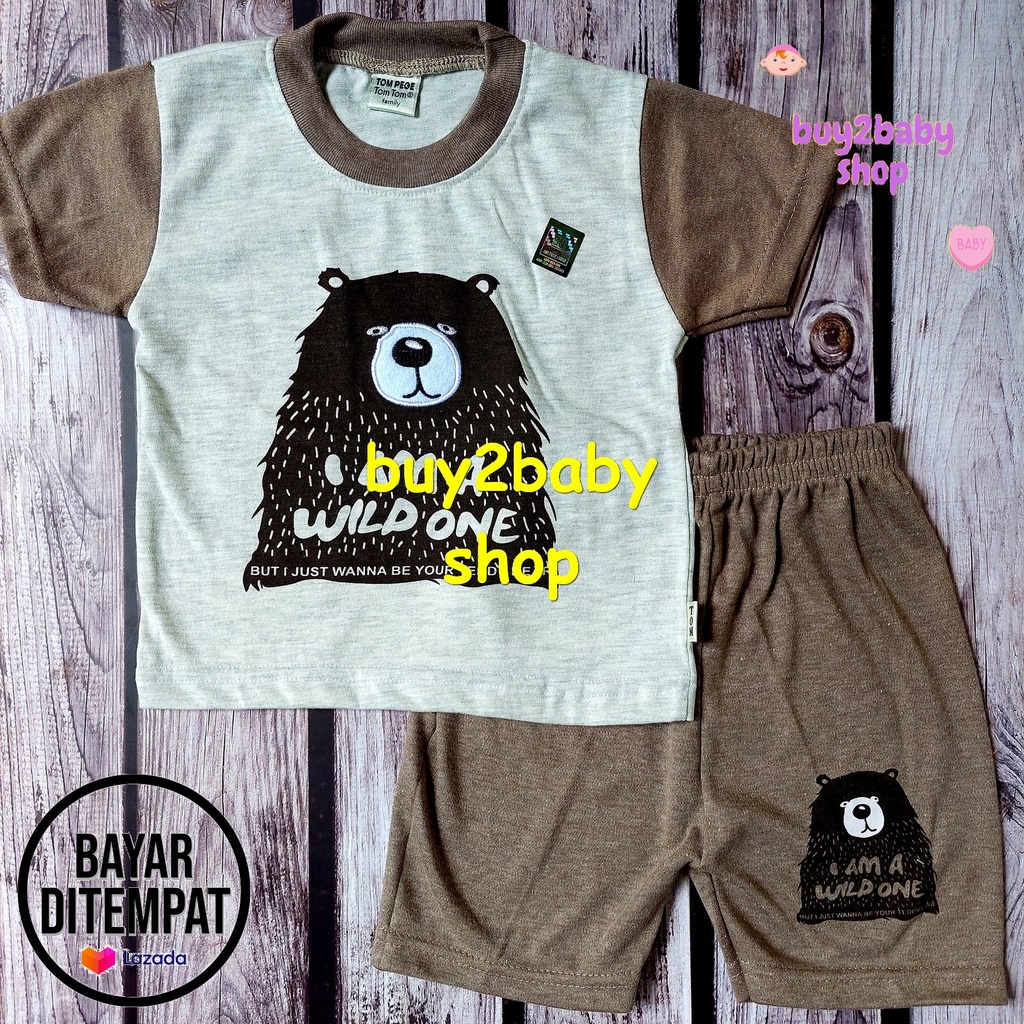 Baju bayi Tom Pege setelan kaos celana pendek bahan katun premium Bear series usia 1-2 Tahun 1 setelan