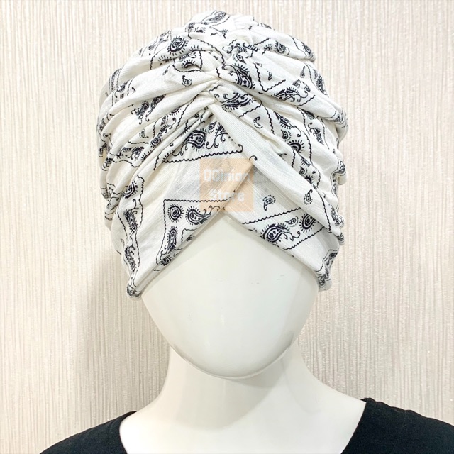 Turban Hijab Instan Instant QQinian Wanita Dewasa Fashion Muslim Warna Putih Motif Etnik Grosir