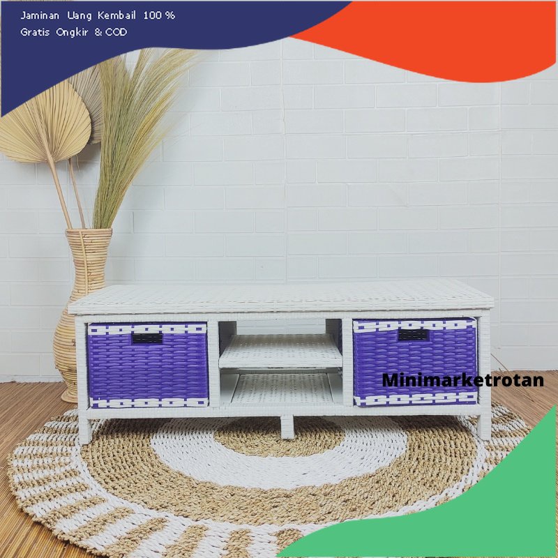 Rak TV Laci Serbaguna Rotan Sintetis Isi 2 Laci Samping Plus Tempat DVD Ukuran Minimalis / Lemari Ro