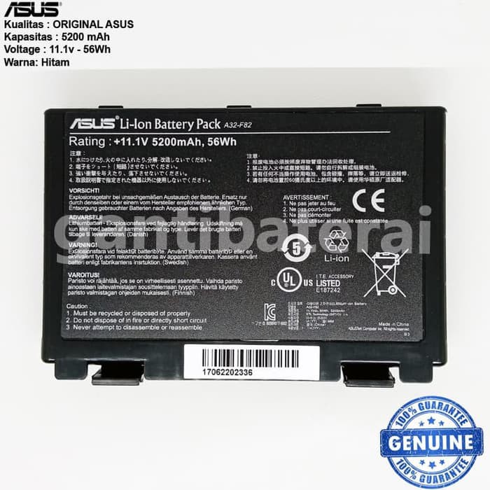 Original Baterai Asus F52 F82 F83S K40 K40E K40IJ A32-F52 A32-F82