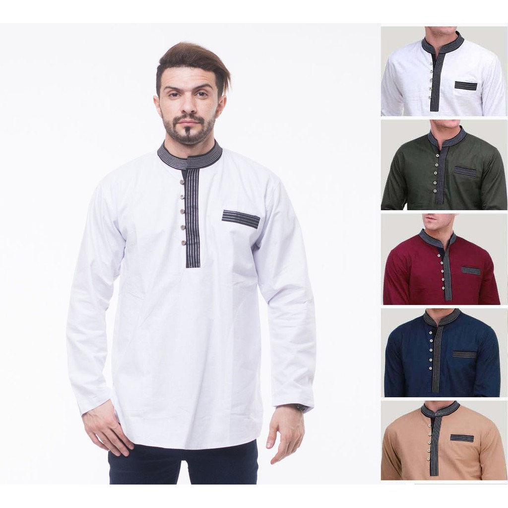 Baju Koko Pria Latahzan Putih Lengan Panjang Berkancing Bahan Katun Adem Pakaian Muslim Original