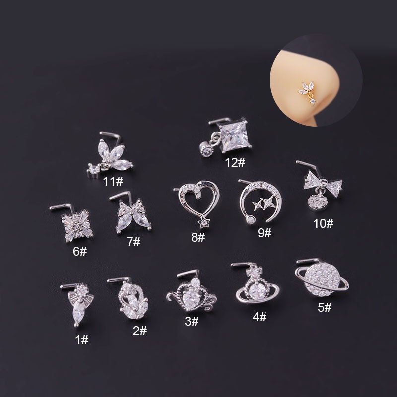 1pc Anting Tindik Hidung Bentuk L Bahan Stainless Steel Dengan Zircon 20Gauge