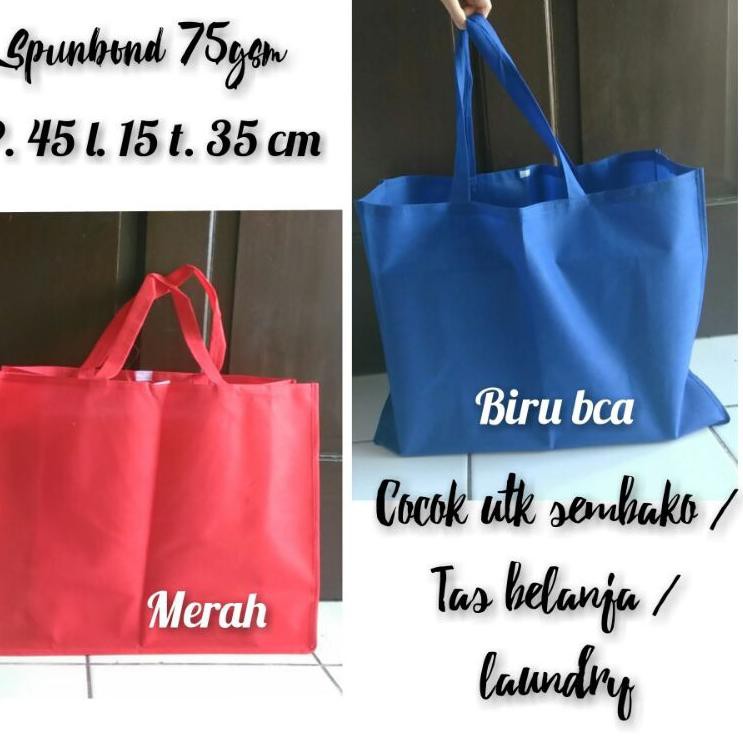 

Dijual JZ6Y8 Tas spunbond jumbo landscape 45x15x35cm tebal 75gsm untuk sembako, bingkisan, tas belan