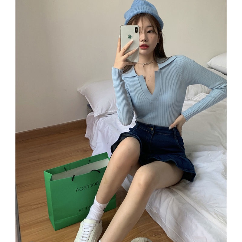 Suhao Lengan Panjang Slip Knitwear Wanita Musim Gugur Baru Slim Pendek Turtleneck Polo T-Shirt Atasan Dalam