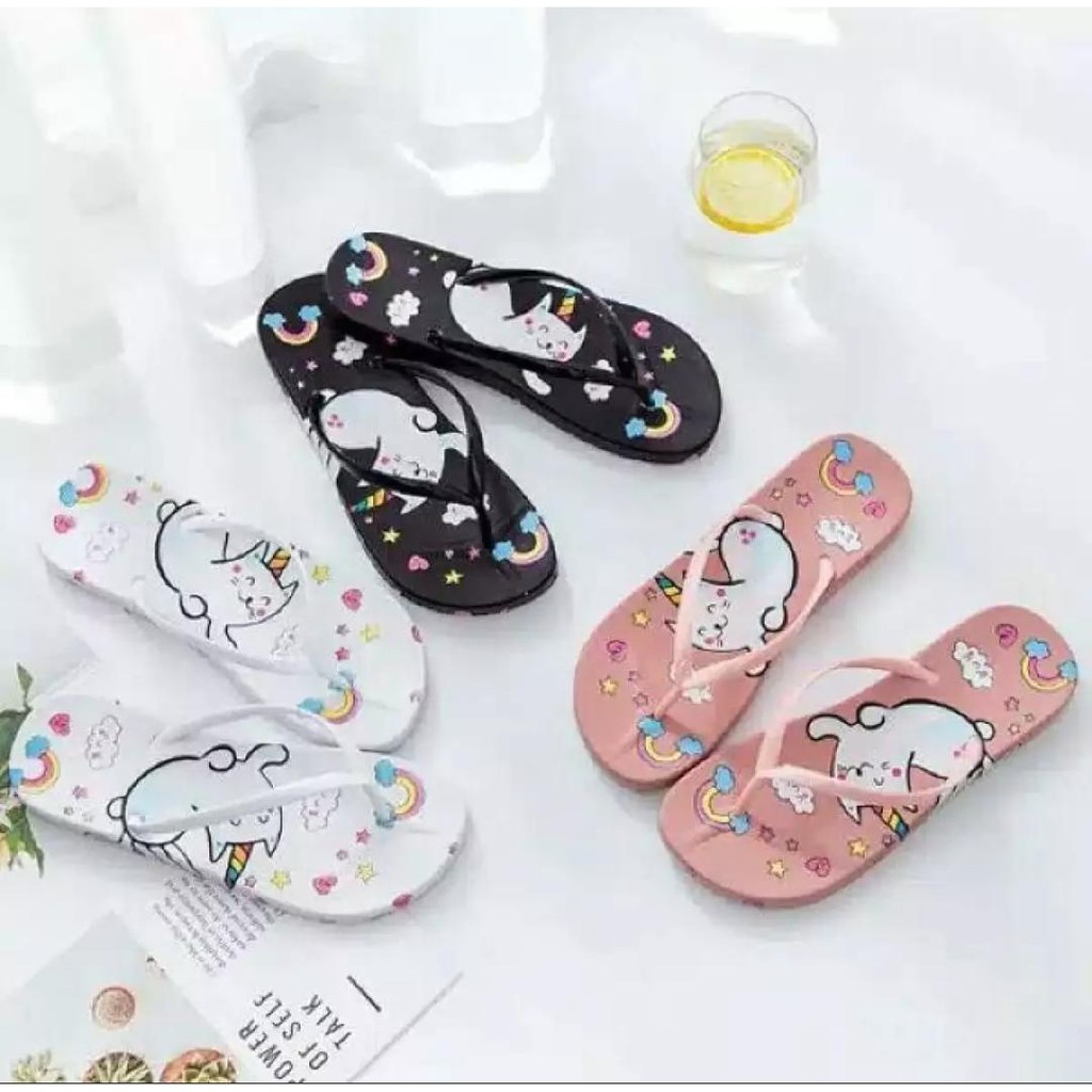 Sandal Jepit Sendal Spon Motif Lucu Kucing Pelangi Strawberry Anti Slip Murah