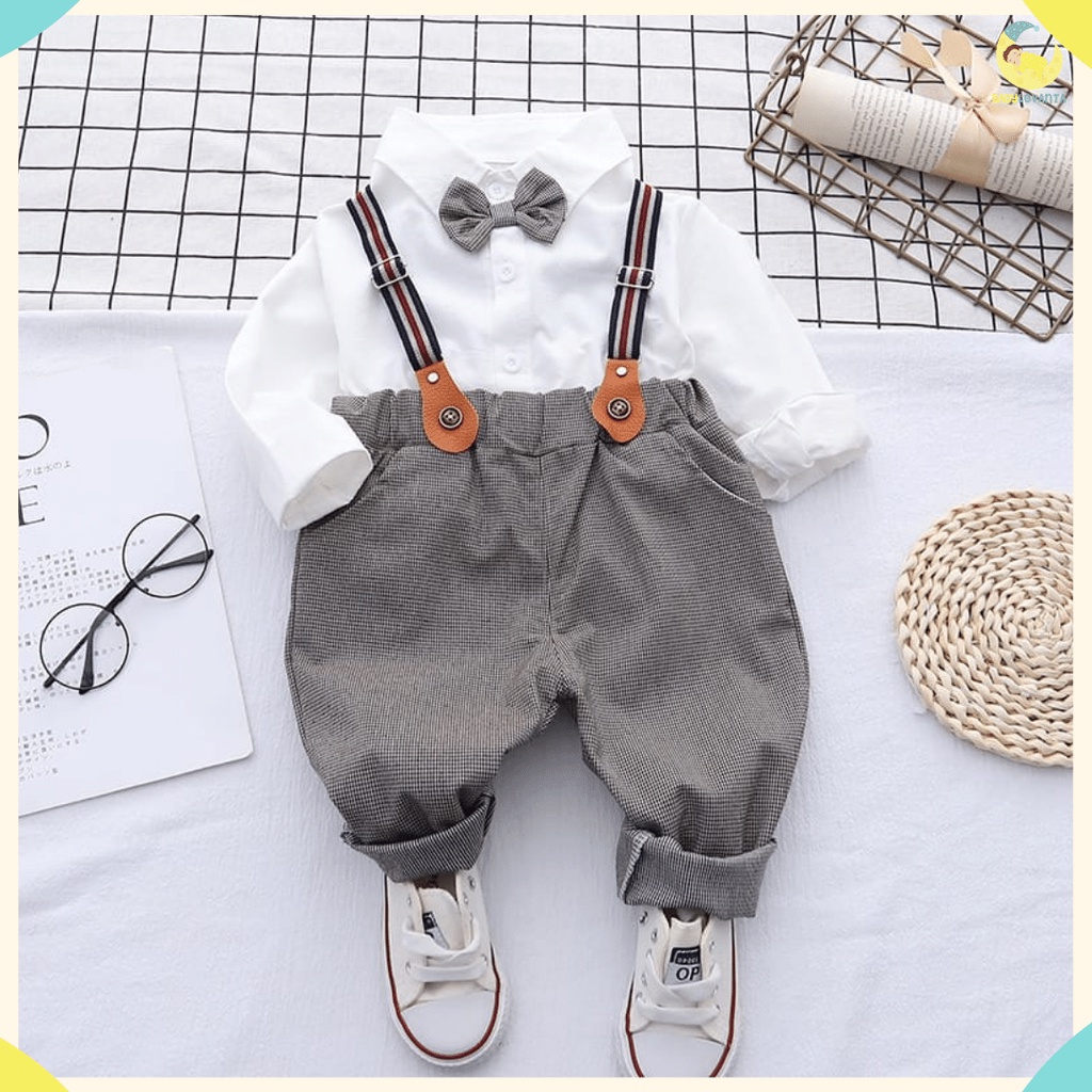 BABYLOVANTA- Setelan kodok abu putih baju baby impor premium/ 0-5 Tahun baju KODOK BOWTIE