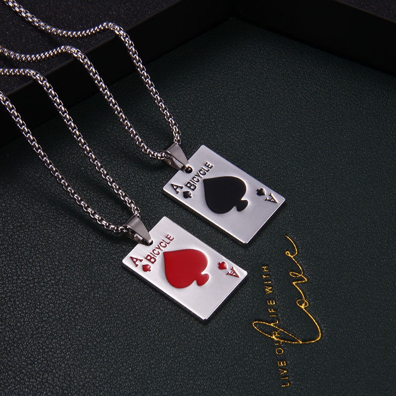 Ins Eropa dan Amerika merah hitam Peach poker merek fashion titanium steel necklace minimalis hip ho