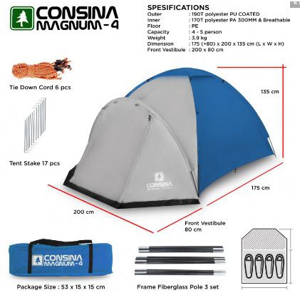 Tenda Dome Consina Magnum 4 Kapasitas 4 Orang Double Layer Waterproof