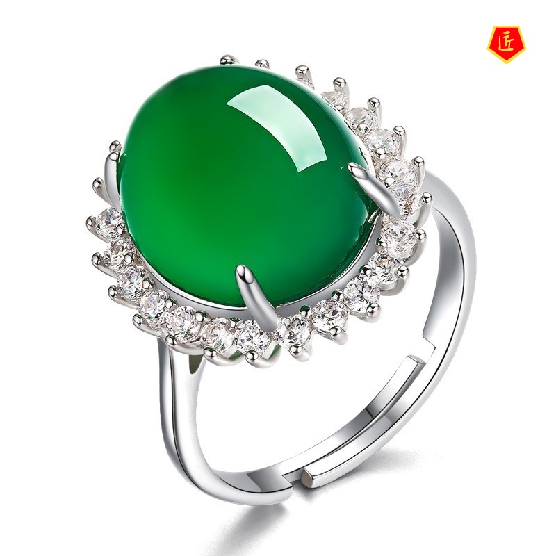 [Ready Stock]Emerald Ring 925 Silver Ethnic Style Elegant Fashion Temperament