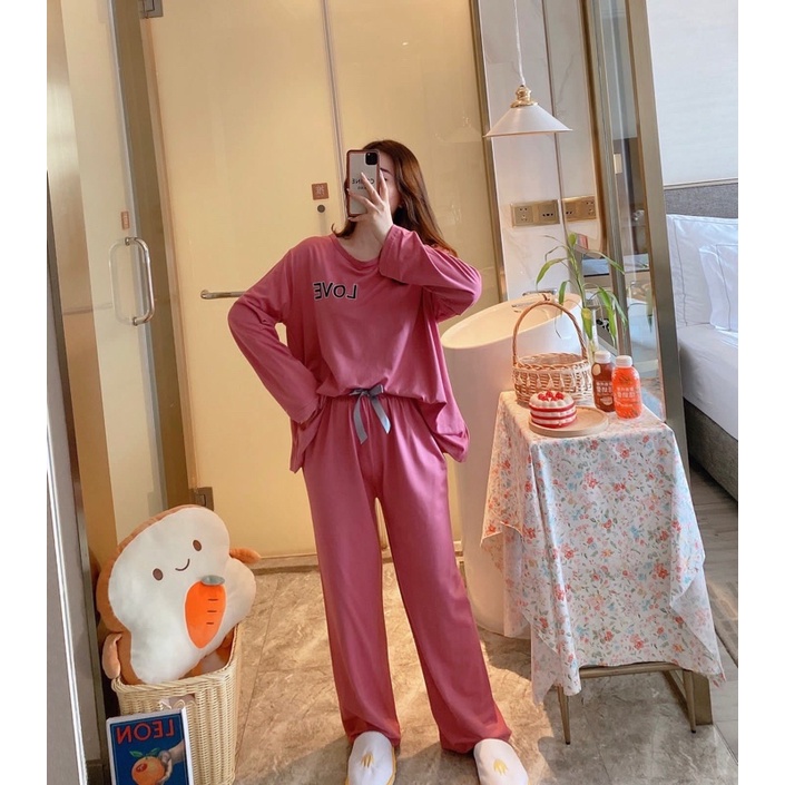 Piyama PP Import Korea piyama oversize setelan kaos import premium piyama import piyama murah-Pp love polos pink