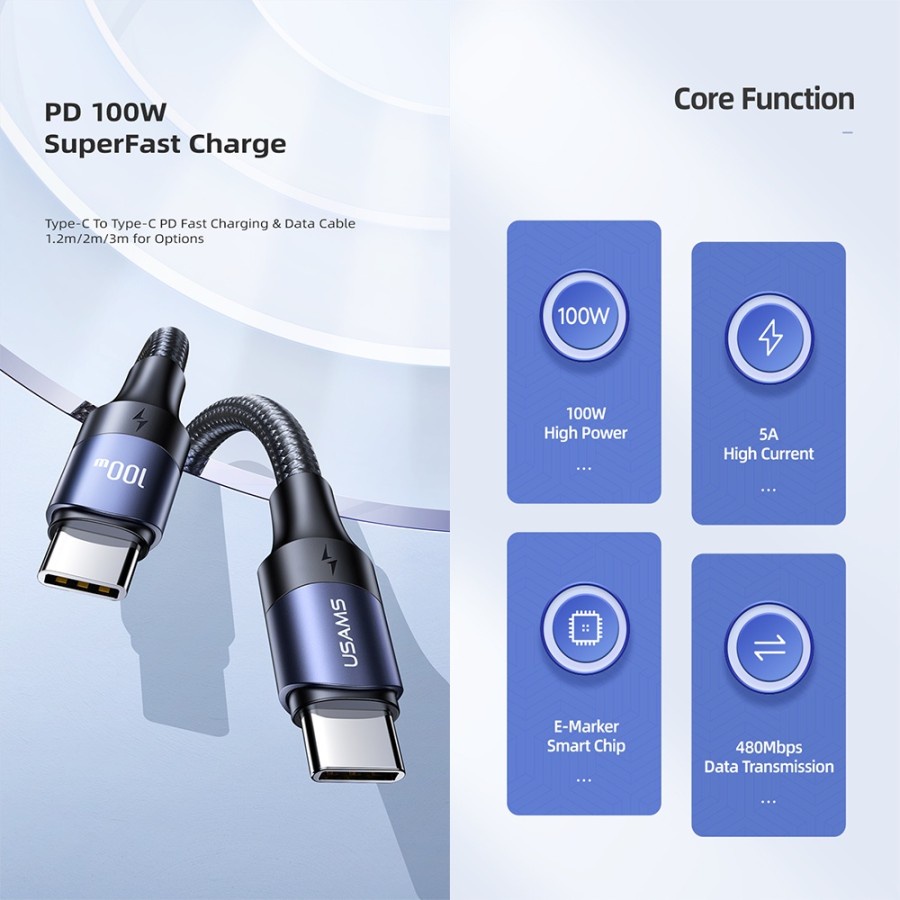 USAMS Kabel Data Charger USB TYPE C to C 100W 5A PD 2M 3M Fast Charging QC - SJ525 SJ526