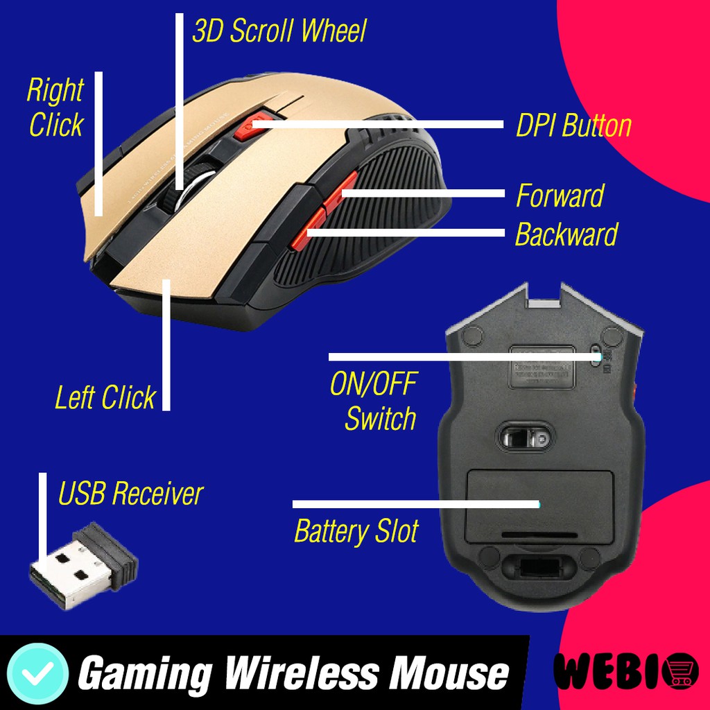 Mouse Wireless W103 USB Wireles Mause Laptop PC Murah Gaming Aneka Warna – Black Red Blue Gray Gold