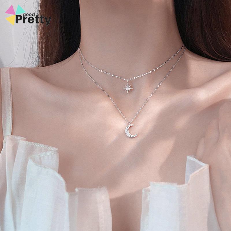 Kalung Rantai Double Layer Bentuk Bulan Bintang Untuk Wanita - PD