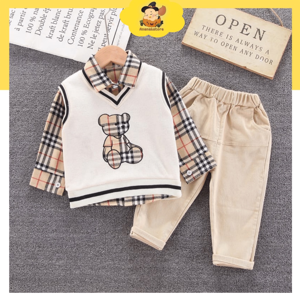 anaanakstore - setelan import premium 3in1 anak laki laki motif vest burcream &amp; burgrey