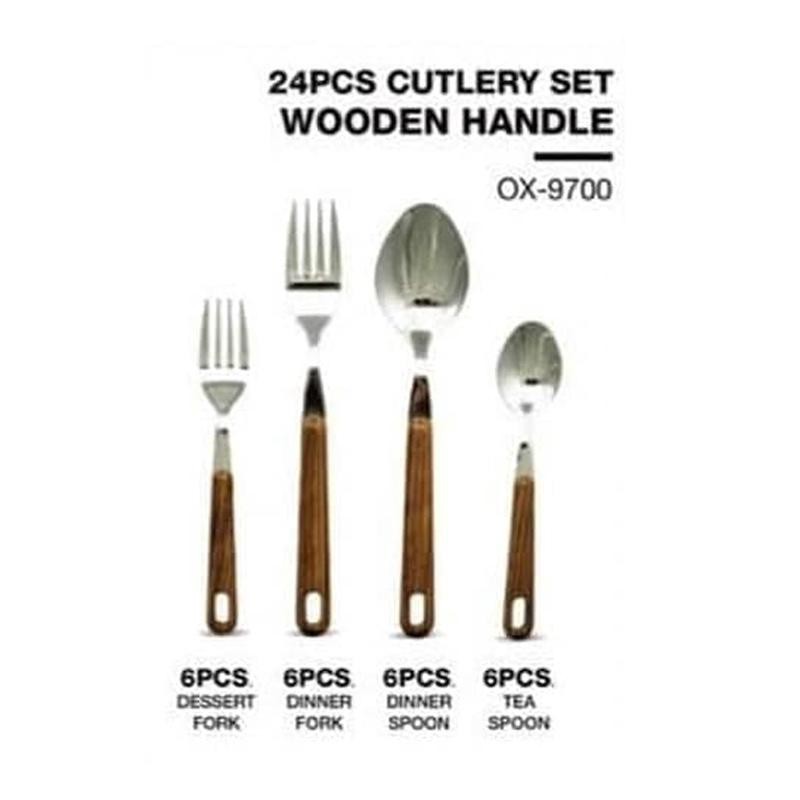 Oxone OX-9700 24Pcs Wooden Handle Cutlery Set  With Cover ,24pcs Sendok Garpu Set Dengan Wadah Tutup