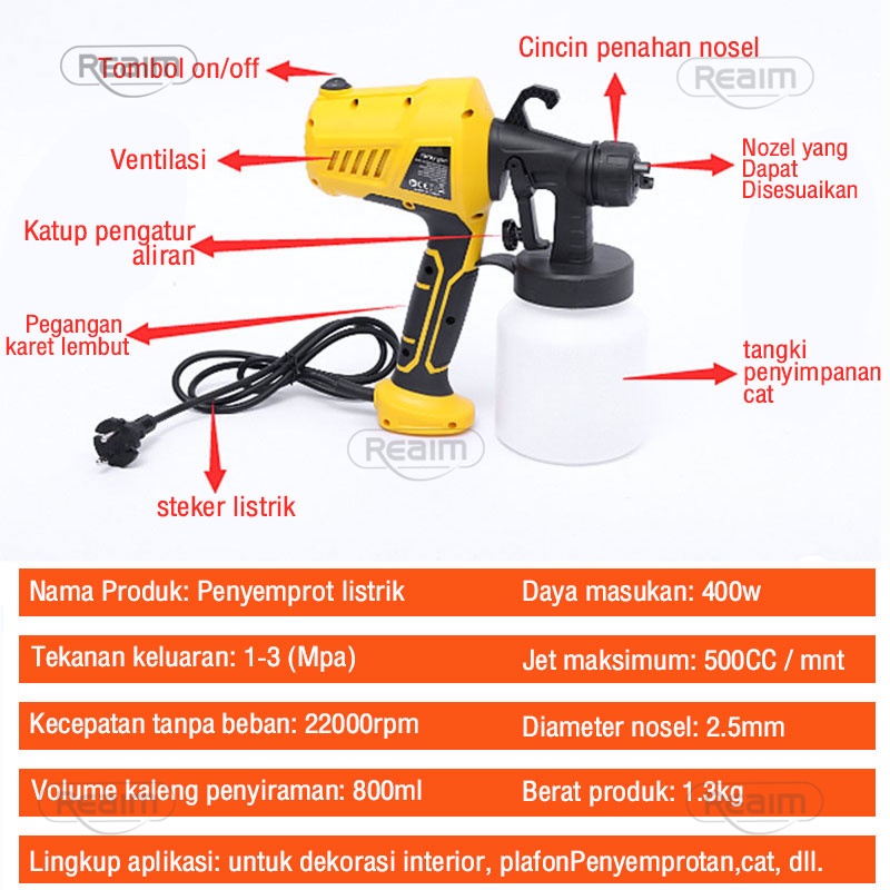 Reaim 800ML Electric Spray Gun 400Watt Paint Mesin Cat Semprot Elektrik semprot Cat ga Bisa buat minyak Alat Semprotan Ryu Semprotan Cat Listrik Ryu