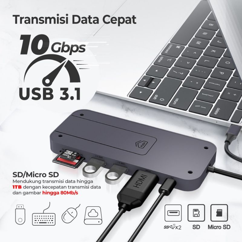 USB Type C 3.1 Hub Converter HDMI SD/TF+M2 SSD 7 in 1 PX UCH-600