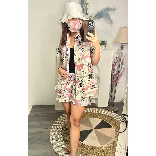 Morymony daily set homewar / setelan celana pendek / stelan baju wanita marble pastel-rantai pink